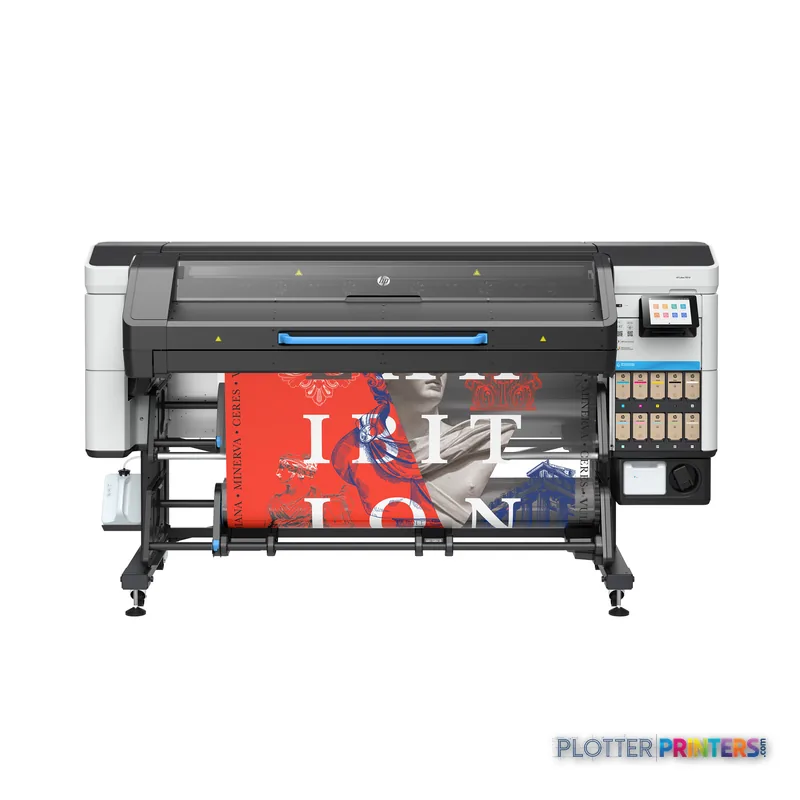 HP LATEX 730 W PRINTER 64IN product detail view showing wide-format printer with red printed material loaded