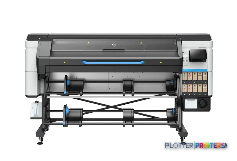 HP LATEX 730 W PRINTER front-center view showing wide-format printer with gray and white body, blue accents, and control pan…