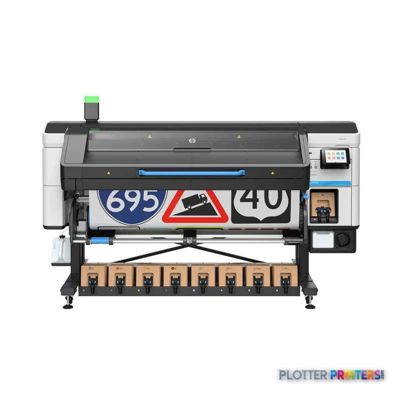 HP Latex 830 W 64-in printer front view with sample signage output displayed