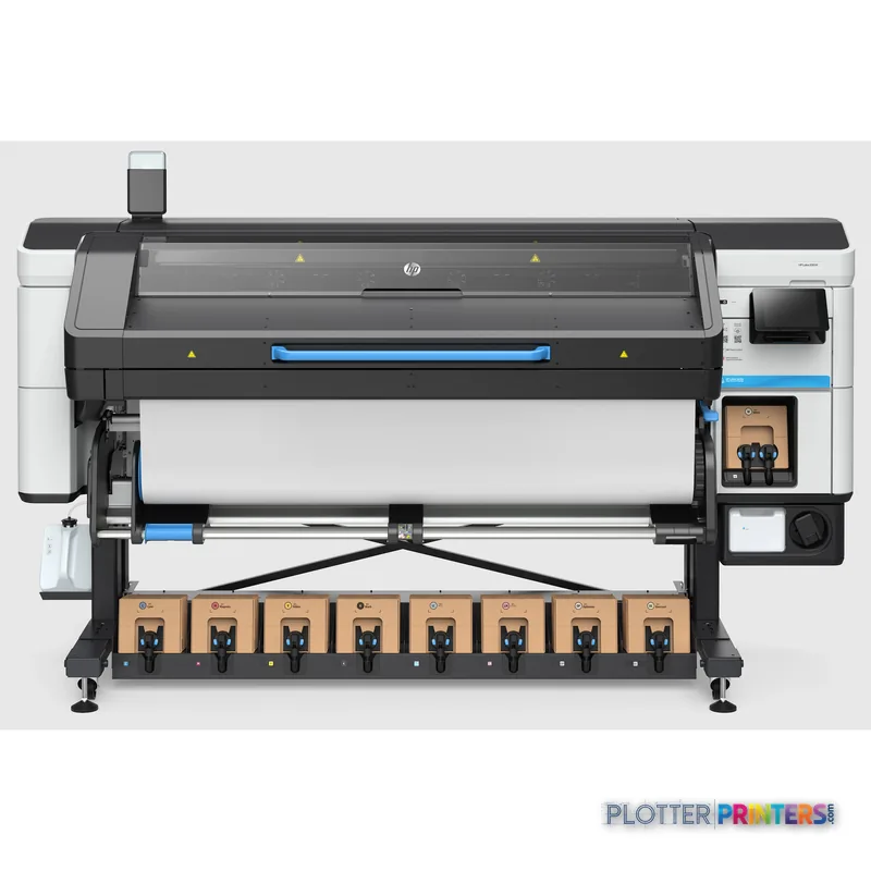 HP Latex 830 W 64-in printer front view showing wide-format printing bed with ink cartridges
