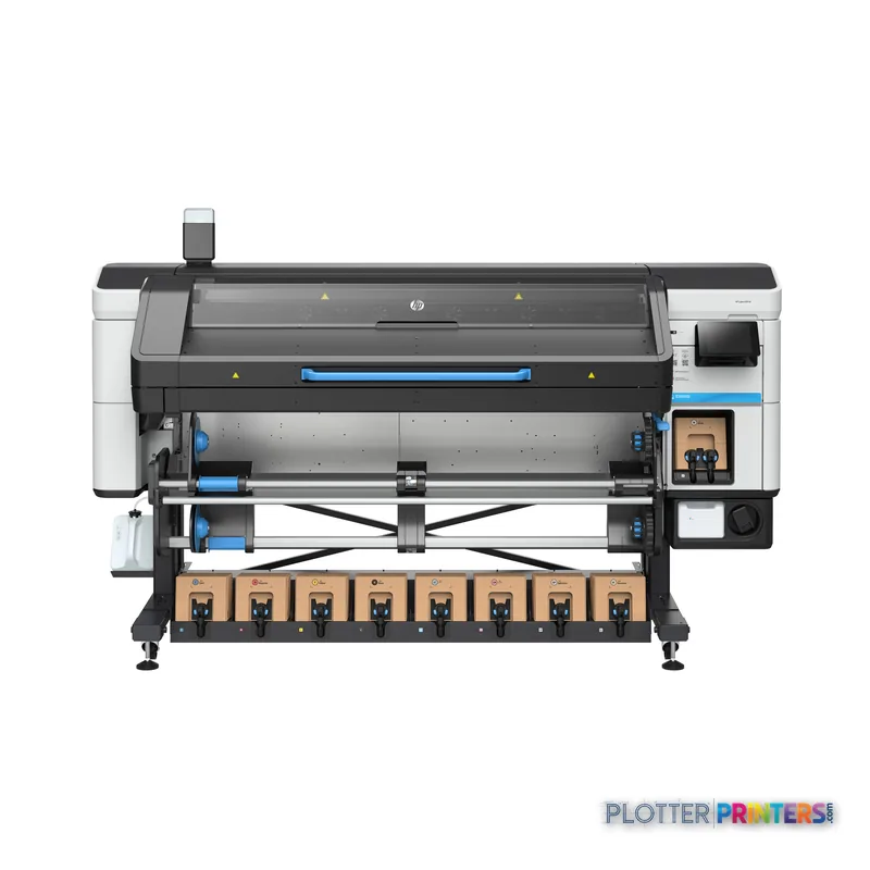 HP Latex 830 W 64-in printer product detail view showing front of machine with ink cartridges and control panel
