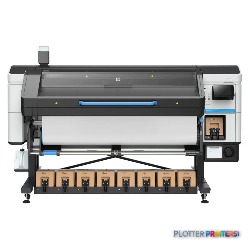 HP Latex 830 W 64-in printer product detail view showing front and side with ink cartridges