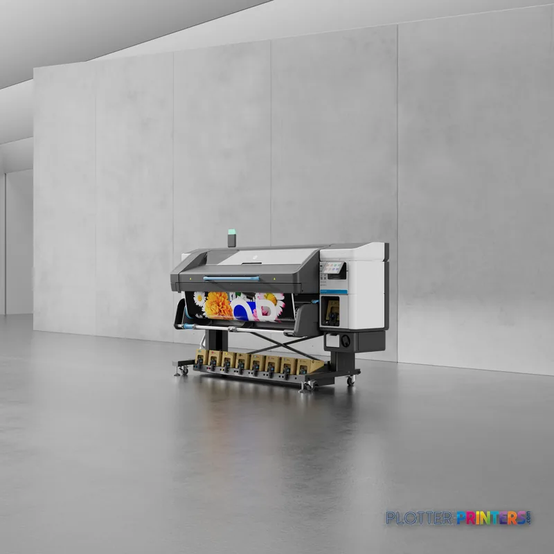 HP Latex 830 W 64-in printer lifestyle image showing the printer in a studio setting with colorful output displayed