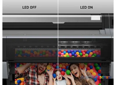 Epson SureColor P7300 feature callout showing LED indicator off and on states with color print sample