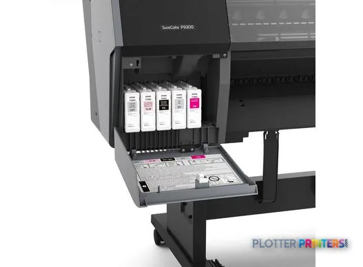 Epson SureColor P7300 large format printer with open ink cartridge bay showing color ink bottles