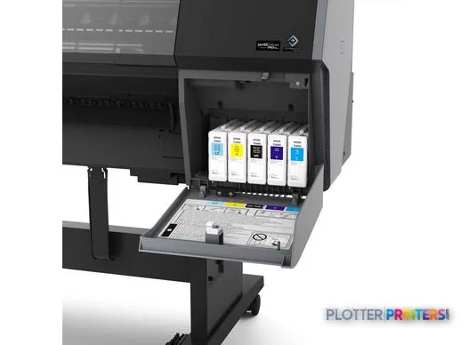 Epson SureColor P7300 product detail showing open ink cartridge bay with five color cartridges installed