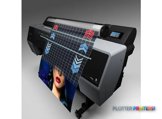 Epson SureColor P7300 lifestyle image showing the black and white printer outputting a colorful portrait print with geometri…