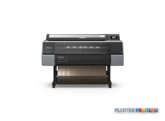 Epson SureColor P7300 large format printer product image, front view showing black inkjet printer with open paper tray