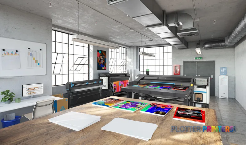 HP LATEX R530 PRINTER lifestyle image showing large-format printer in a bright studio workspace with colorful printed samples