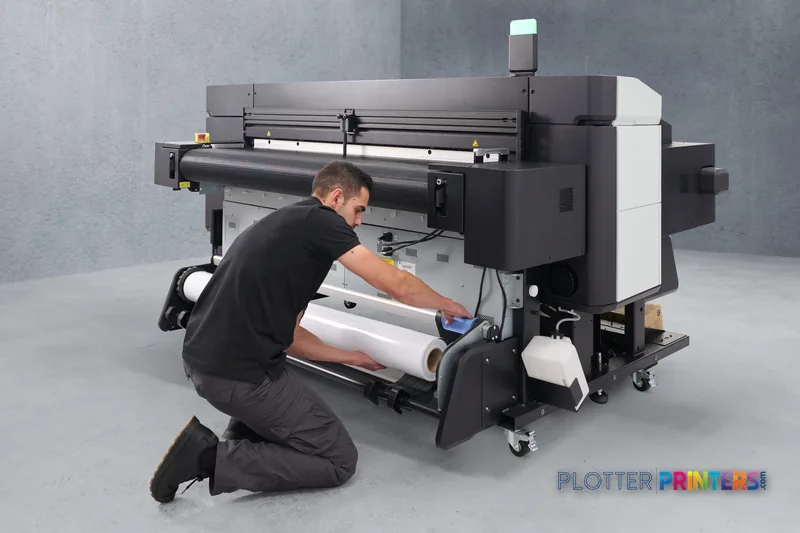 HP LATEX R530 PRINTER lifestyle image showing operator loading media into the 64-inch printer