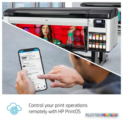 HP DesignJet Z9+ Pro 64-in Printer with feature callout showing mobile app control interface on smartphone