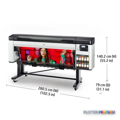 HP DesignJet Z9+ Pro 64-in Printer annotated view showing dimensions and ink cartridge system