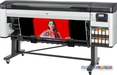 HP DesignJet Z9+ Pro 64-in Printer front-left view showing wide-format printer with colorful portrait print on media
