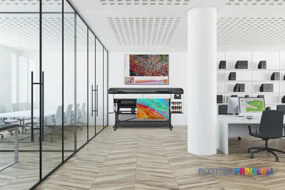 HP DesignJet Z9+ Pro 64-in printer in modern office displaying colorful prints on screen
