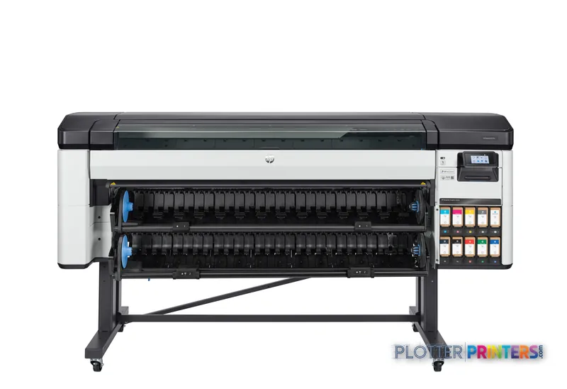 HP DesignJet Z9+ Pro 64-in Printer front-center view showing dual print heads and ink cartridge system