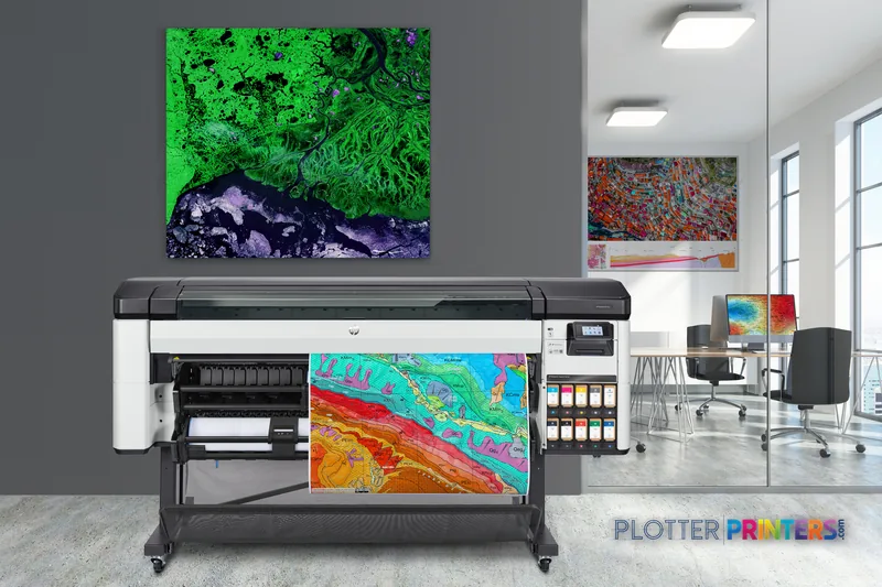 HP DesignJet Z9+ Pro 64-in Printer lifestyle image showing vibrant color prints displayed in a modern office setting