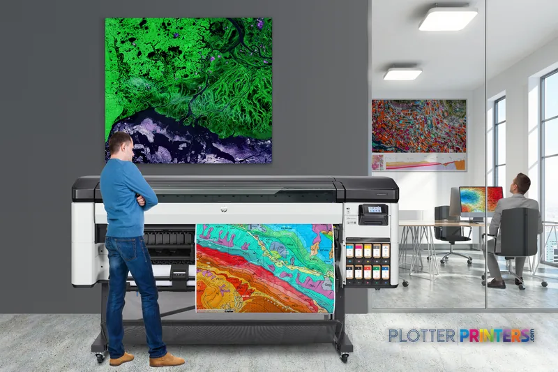 HP DesignJet Z9+ Pro 64-in Printer lifestyle image showing operator viewing colorful printed output in modern office