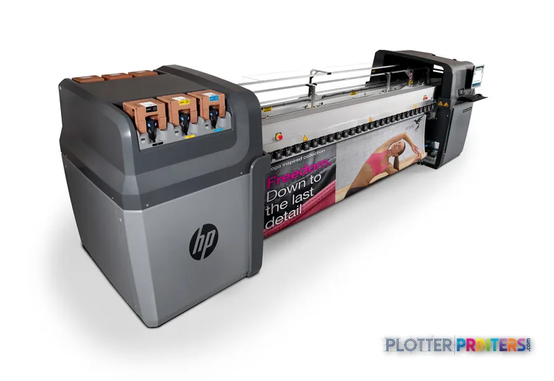 HP Latex 820 Printer product image showing the large-format industrial printer with ink cartridges and printing sample