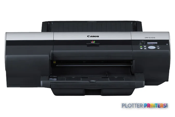 Canon imagePROGRAF iPF5100 large format printer product image showing black and silver device with paper tray