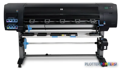 HP DesignJet Z6200 60-in Photo Printer front view showing black printer body with blue accents, control panel, and roll feed…