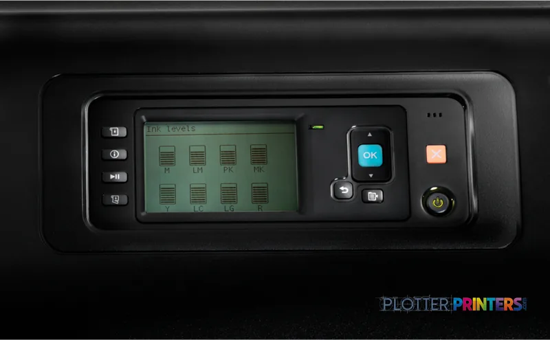 HP DesignJet Z6200 60-in Photo Printer control panel with green display screen and buttons