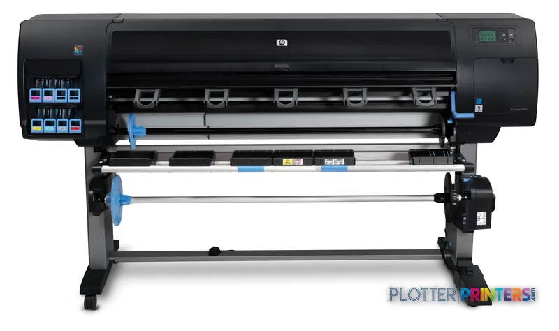 HP DesignJet Z6200 60-in Photo Printer front view showing black printer body with blue accents, control panel, and roll feed…