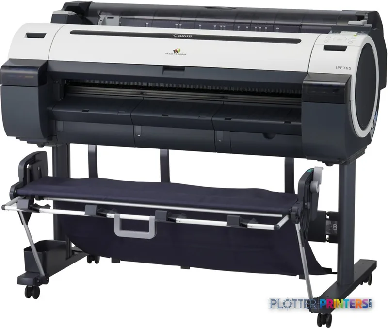 Canon imagePROGRAF iPF765 large-format inkjet printer product image showing front view with stand