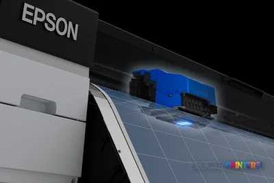 Epson SCS7170PE large format printer product image showing the black printer body with blue ink cartridge assembly and white…