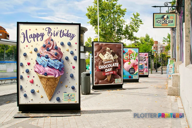Epson SCS7170PE large format printer lifestyle image showing vibrant outdoor advertisements printed on black display panels