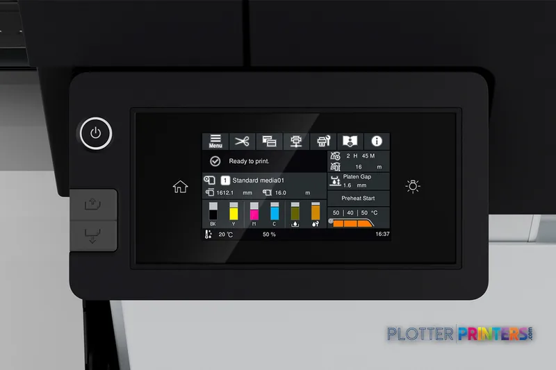 Epson SCS7170PE large format printer product image showing the black control panel display with print settings and status in…