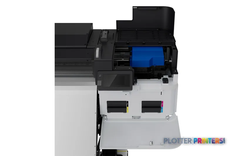 Epson SCS7170PE large format printer product image showing black and white inkjet printer with open access panel revealing b…