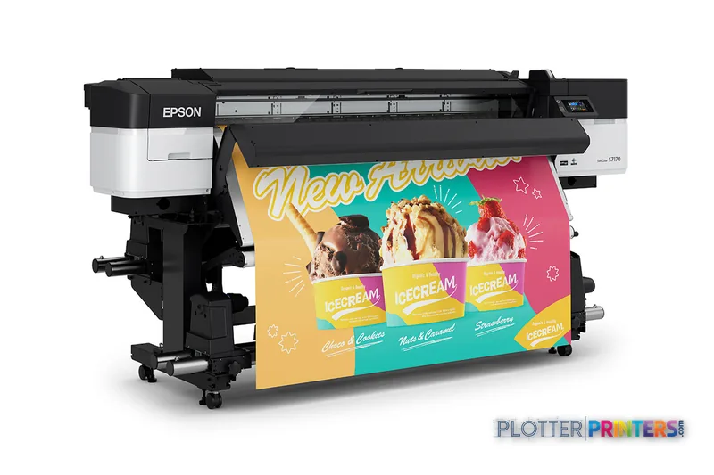 Epson SCS7170PE large format inkjet printer product image showing black and white printer with colorful ice cream banner out…