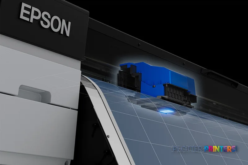 Epson SCS7170PE large format printer product image showing the black printer body with blue ink cartridge assembly and white…