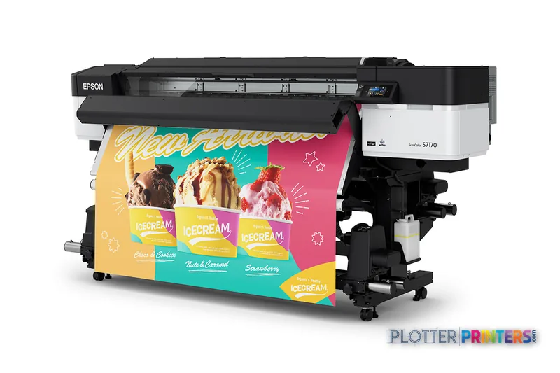 Epson SCS7170PE large format inkjet printer product image showing black printer with colorful ice cream banner output