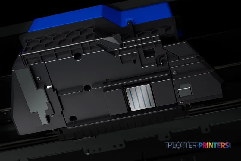 Epson SCS7170PE large format printer product image showing black chassis with blue top panel and internal ink cartridge syst…