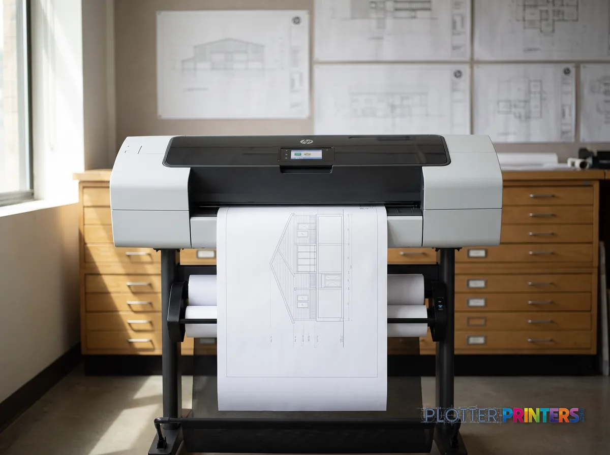 HP DesignJet HD Pro 2 44-in MFP in a plan room beside flat-file drawers, printing a CAD elevation (staged scene from manufacturer product photography)