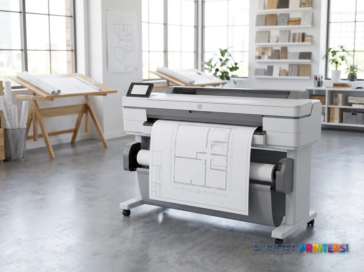HP DesignJet HD Pro 2 44-in MFP in a bright architecture studio, printing a large floor plan (staged scene from manufacturer product photography)
