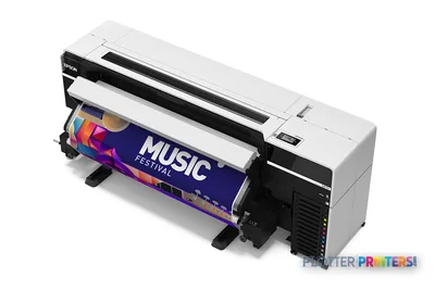 Epson S8170 large format printer product image showing white and black inkjet printer with colorful banner output