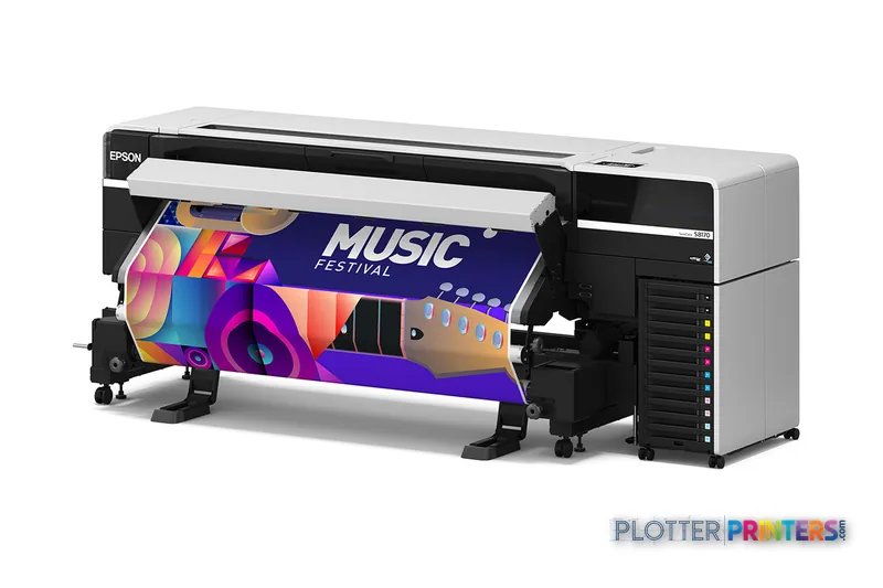 Epson S8170 large format printer product image showing white and black inkjet printer with colorful music festival banner pr…