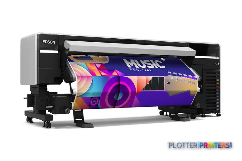 Epson S8170 large format printer product image showing white and black inkjet printer with colorful music festival banner pr…
