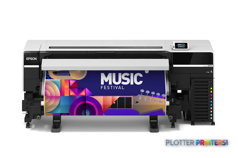 Epson S8170 large-format printer product image showing white and black inkjet printer with colorful music festival banner pr…