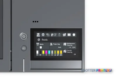 Epson SureColor SC-F100 front view showing touchscreen display with ready status and ink cartridge indicators