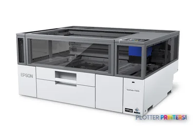 Epson SureColor SC-F100 product image showing white and gray large-format inkjet printer with open top access