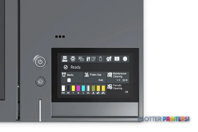 Epson SureColor SC-F100 front view showing touchscreen display with ready status and ink cartridge indicators