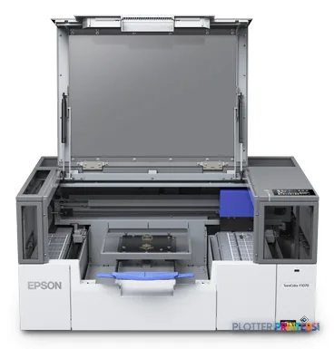 Epson SureColor SC-F100 front product view showing white inkjet printer with open top cover and blue accent panel