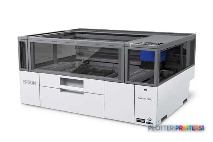 Epson SureColor SC-F100 product image showing white and gray large-format inkjet printer with open top access