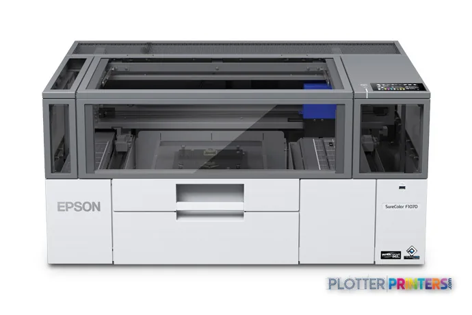 Epson SureColor SC-F100 product image showing white inkjet printer with open top access panel and blue handle