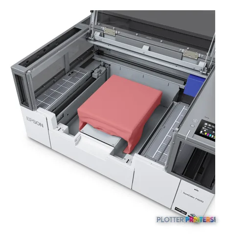 Epson SureColor SC-F100 product image showing open printer with red garment loaded on platen