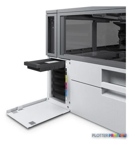 Epson SureColor SC-F100 product image showing white inkjet printer with open access door and extended output tray