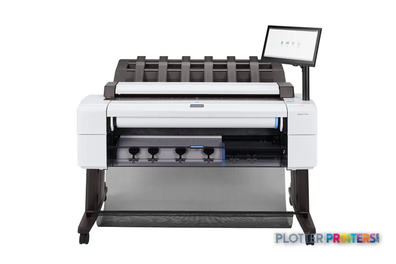 HP DesignJet T2600dr 36-in PostScript Multifunction Printer front-center view with touchscreen display and paper roll loaded
